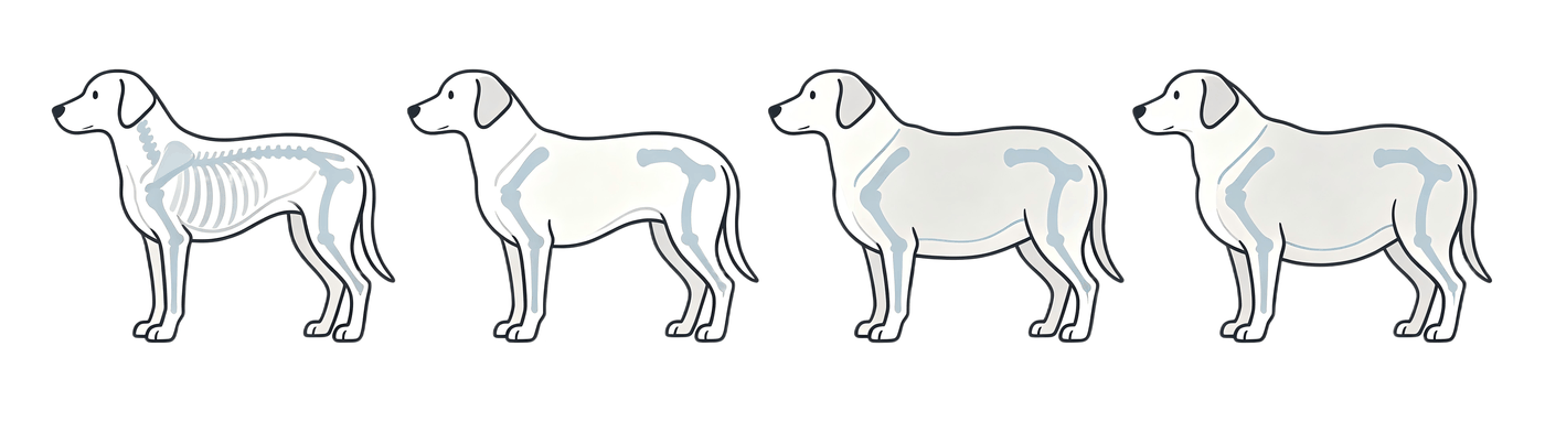 Four side-view dogs of the same breed shown in a row, from body condition score 1&ndash;3 on the left to 8&ndash;9 on the right. The first dog is very thin with visible ribs and a sharply tucked belly; the second is lean with a gentle tuck; the third is fuller with a rounded belly; the fourth is the heaviest, with a heavy rounded belly and a thick neck.