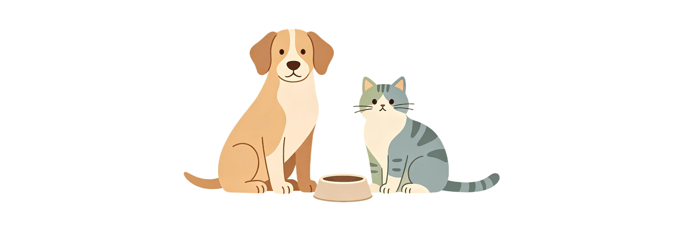 A dog and a cat sitting side by side in front of a food bowl.